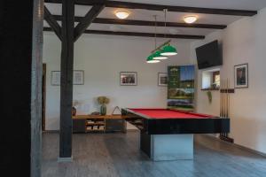 a ping pong table in a room with a pool table at Tri Duby Golf Apartments in Badín