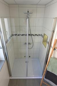 a shower with a glass door in a bathroom at Gästehaus Achenbach in Biedenkopf