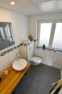 a bathroom with a sink and a toilet at Gästehaus Achenbach in Biedenkopf