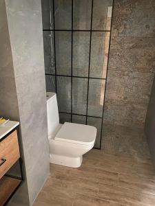 ein Bad mit einem weißen WC in einem Zimmer in der Unterkunft Złoty Groń log houses & apartments in Istebna