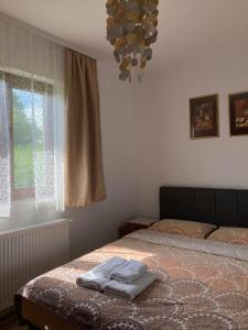 a bedroom with a bed and a window and a chandelier at Kuca za uzivanje in Valjevo