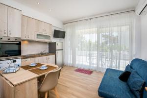 a kitchen and living room with a blue couch at Malama BH Pico in Potos