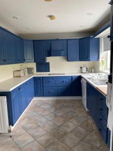 a blue kitchen with white appliances and blue cabinets at Causeway View large pet friendly seafront house, see dolphins in Portrush