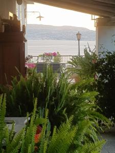 a view of the ocean from a house with plants at Villaggio Imbesi in Villa San Giovanni