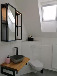 a bathroom with a sink and a toilet and a mirror at EIFELSTERN-Schöne Ferienwohnung mit Balkon in Kalenborn-Scheuern