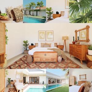 a collage of pictures of a bedroom and a pool at Beautiful Tropical-Boho 3BR Villa, Berawa Canggu, Bali in Canggu