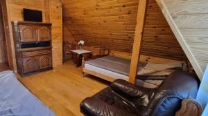 a room with a couch and a bed in a cabin at Mountain House in Ustrzyki Dolne