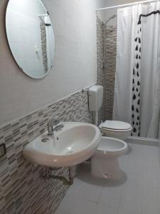 a bathroom with a sink and a toilet and a mirror at Camerota Basic Appartamenti in Lentiscosa