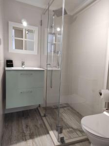 un bagno con doccia, WC e lavandino di 7 Trevos Houses B a Santiago do Cacém