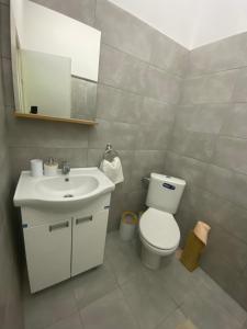a bathroom with a white toilet and a sink at Apartmani Home in Zaječar