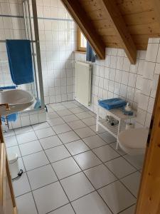 a bathroom with a sink and a toilet at Gästehaus Winzerhof Bader in Heuchelheim-Klingen
