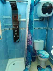 a blue bathroom with a toilet and a shower at MultiAventura en Agüimes in Agüimes
