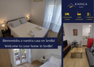 1 dormitorio y sala de estar con 1 cama y 1 habitación con sofá en Almona junto al río - Kainga Homes, en Sevilla