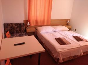 pokój hotelowy z 2 łóżkami i stołem w obiekcie Penzion Beta w mieście Luhačovice