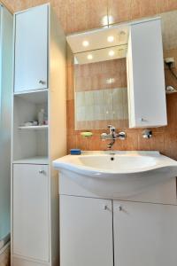 een badkamer met een witte wastafel en een spiegel bij Ivana in Saborsko