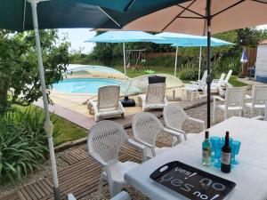 Villa Octavière Gîte Rural في La Chapelle-Achard: طاولة وكراسي مع مظلات ومسبح