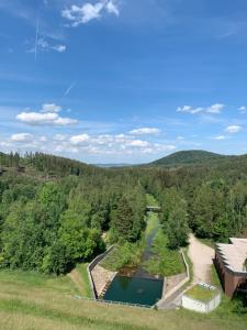 una vista aerea di una fattoria con laghetto e alberi di 2 Zimmer Whg a Langelsheim Altre 2 foto