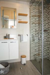 a bathroom with a shower with a glass door at Studio Apartment Noah in Rovinj +22 photos
