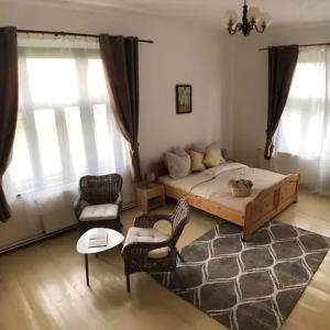 a bedroom with a bed and a couch and a chair at Penzion Vila E Landisch in Chomutov