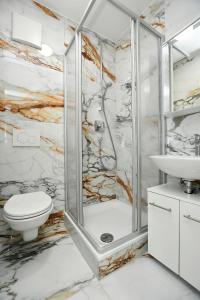 een badkamer met een douche, een toilet en een wastafel bij City-Hotel Zuffenhausen in Stuttgart
