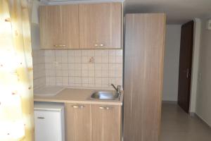 a small kitchen with a sink and wooden cabinets at Hotel Victoria in Olympic Beach