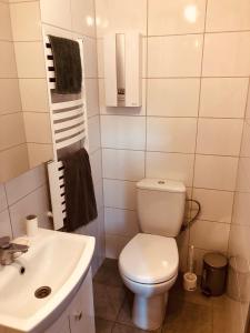 Agroturystyka Mokre في Barkowice: حمام ابيض مع مرحاض ومغسلة