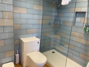 a bathroom with a toilet and a glass shower at The Randolph Hotel in Southwold