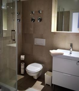 a bathroom with a toilet and a sink and a shower at 2-Zimmer-Apartment "Monbijou" am Hackeschen Markt in Berlin