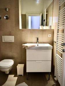 a bathroom with a sink and a toilet and a mirror at 2-Zimmer-Apartment "Monbijou" am Hackeschen Markt in Berlin