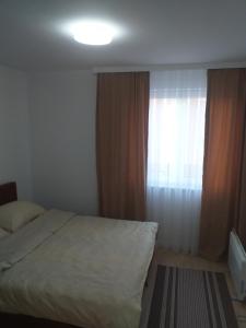 a bedroom with a bed and a window with curtains at Apartment Ilidza-SK in Sarajevo