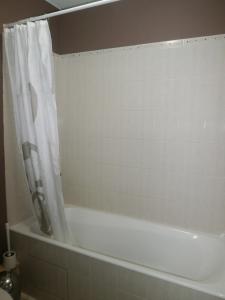 a bathroom with a bath tub with a shower curtain at Aux Fontaines Honfleur in Honfleur