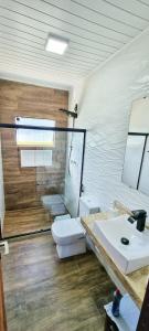 uma casa de banho com um WC, um lavatório e um espelho. em Chácara Brisa Do Rio em Nova Friburgo