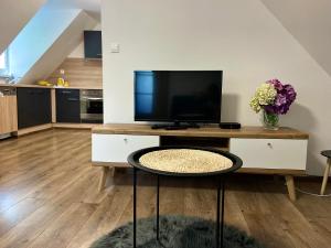 ein Wohnzimmer mit einem TV und einem Tisch mit einem sidx sidx in der Unterkunft Apartmán Zelený dom 43 (2) in Banská Štiavnica