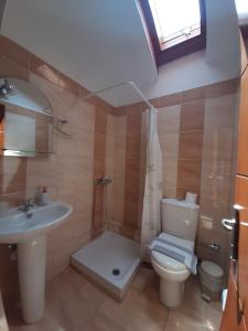 a bathroom with a toilet and a sink and a shower at Zoe's Studios in Parga