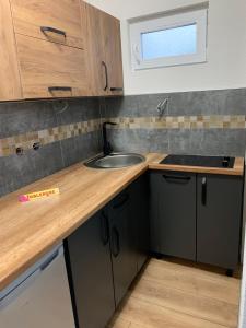 a kitchen with a sink and a counter top at Puro LakeSide in Struga