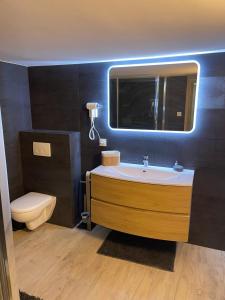 a bathroom with a sink and a toilet and a mirror at CHALET-MICHEL avec SPA in Montperreux