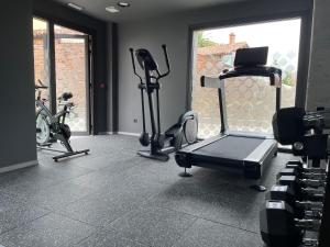 un gimnasio con equipamiento cardiovascular y bicicletas en una habitación en Apartamentos Las Indianas, en Nueva de Llanes