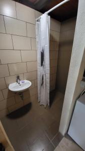 a bathroom with a sink and a shower at Glamping Fikfak in Bled +10 photos