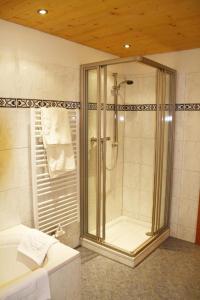uma casa de banho com um chuveiro e uma porta de vidro em Haus Flua em Brand