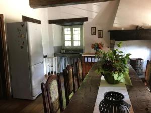 y cocina con mesa, sillas y nevera. en Il pianetto appartamento, en Pieve Fosciana