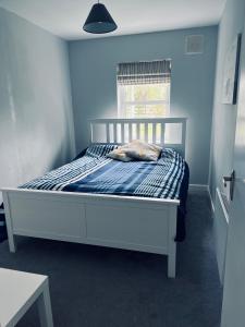 - un lit dans une chambre bleue avec un cadre de lit blanc dans l'établissement Lynn Cottage St Helens Village, à Saint Helens