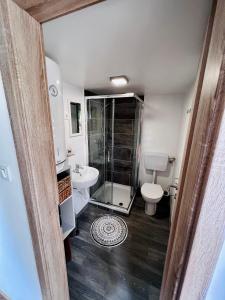 La salle de bains est pourvue d'une douche, de toilettes et d'un lavabo. dans l'établissement OPA Resort, à Šmartno ob Paki