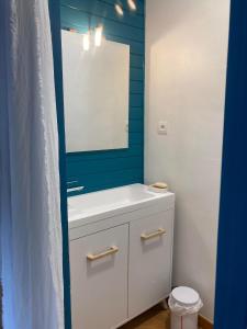 a bathroom with a white sink and a mirror at L'Azilienne, jolie maison à 2 pas du village - L'Azilienne, pretty house 2 steps from village in Le Mas-dʼAzil