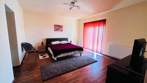 um quarto com uma cama e uma cortina vermelha em Casa Vio em Timisoara