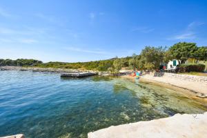 a beach with a boat in the water at House Romano in Neviđane