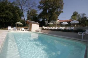 una gran piscina con sillas y sombrillas en La Ferme bio de la Salvanié en Bellegarde