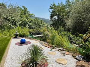 a garden with a blue ball on a gravel path at Mas Giro in Le Bar-sur-Loup