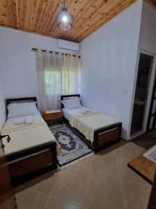 1 dormitorio con 2 camas y alfombra en B Vishe Guest House en Gjirokastër