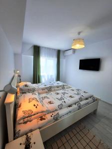 Casa Calin في كريسان: غرفة نوم فيها سرير وتلفزيون