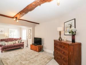 a living room with a couch and a tv at Cuckoo Cottage in Worcester